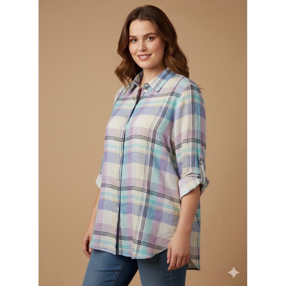 Liz Claiborne Linen Pastel Plaid Roll Tab Sleeves Tunic‎ M LizSport Soft Preppy